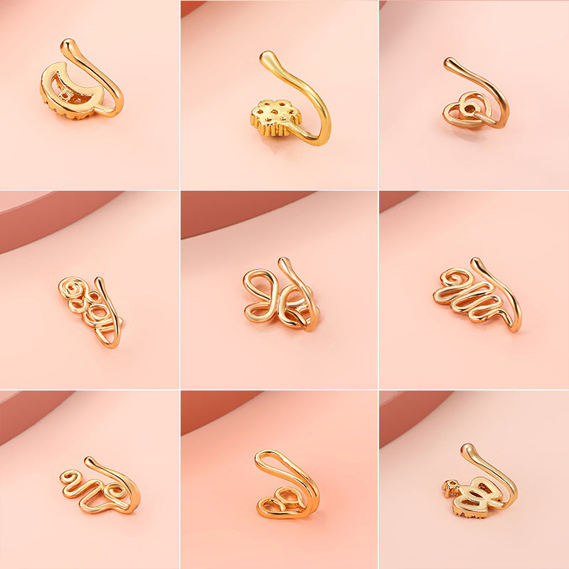 Clip per il naso a forma di U con stella e cuore placcata in rame vintage con zirconia cubica