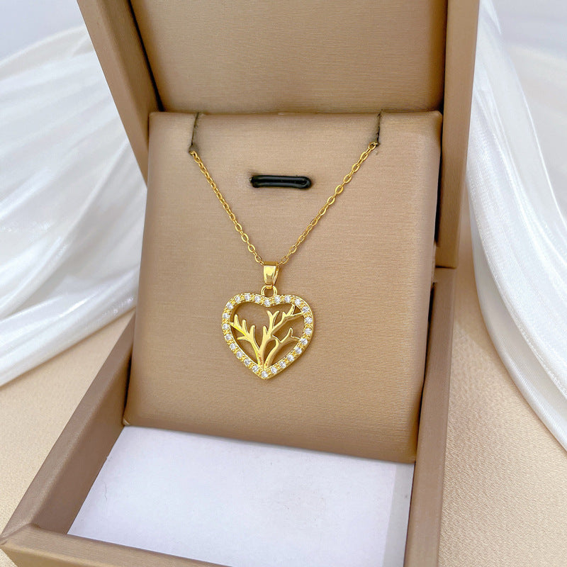 Collana con ciondolo minimalista a cuore e corno in acciaio inossidabile con strass per donna e uomo