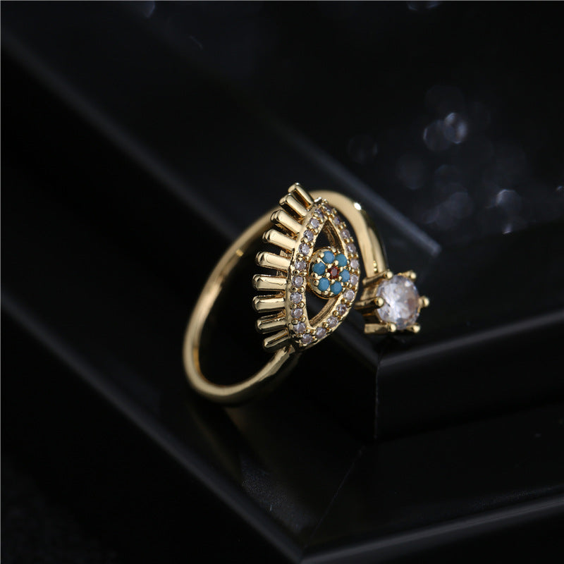 Geometric Micro-pavé Brass Ring for Women Adjustable Evil Eye Design