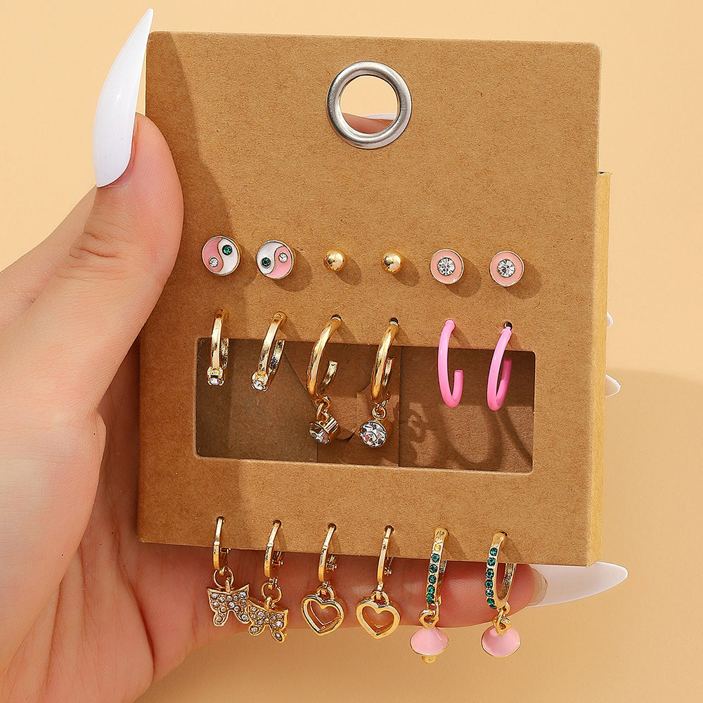 Geometric Butterfly Alloy Drip Oil Rhinestone C-Hoop Earrings Set
