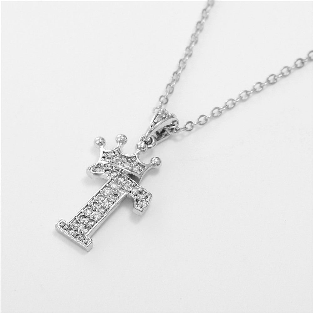 Minimalist Crown Letter Cubic Zirconia Micro-inlay Brass Necklace with Cable Chain