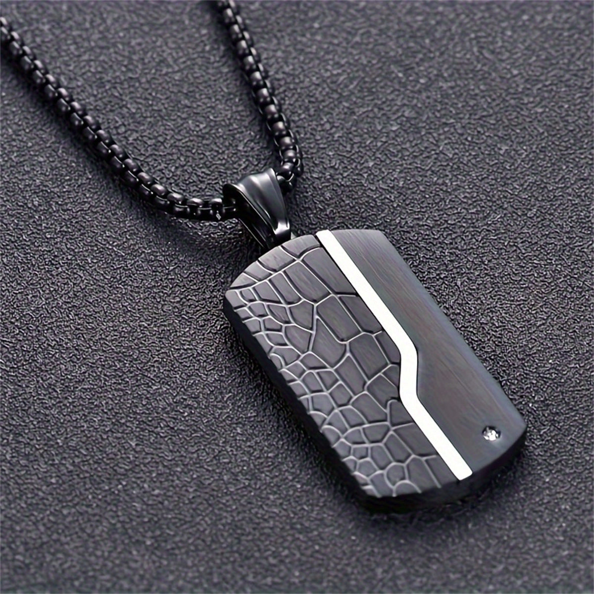 Retro Black Cracked White Zircon Stainless Steel Military Dog Tag Necklace with Plated Finish for Men and Women