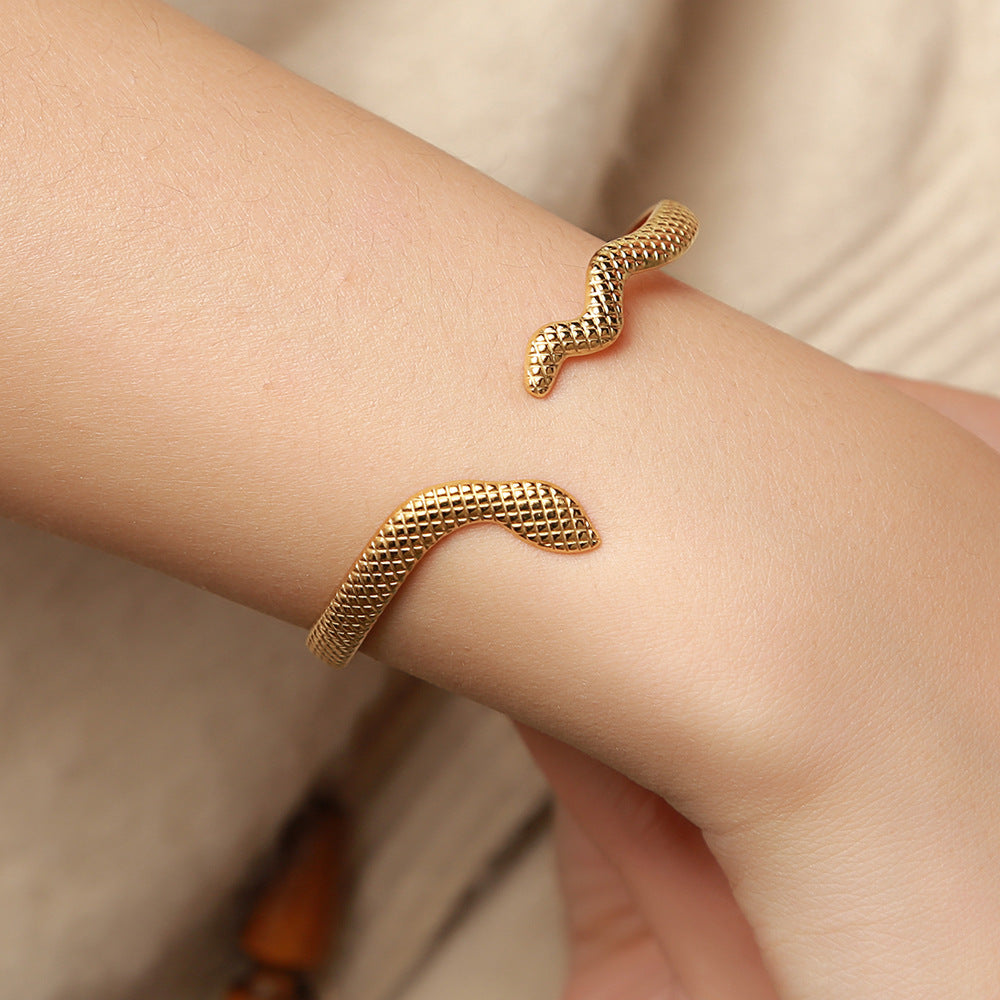Ethnic Gold Plated Geometric Snake Pattern Checkered Titanium Steel Adjustable Cuff Bracelet for Women