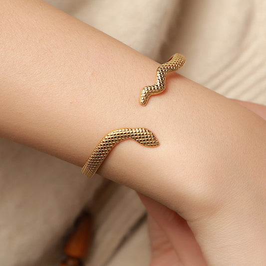 Ethnic Gold Plated Geometric Snake Pattern Checkered Titanium Steel Adjustable Cuff Bracelet for Women