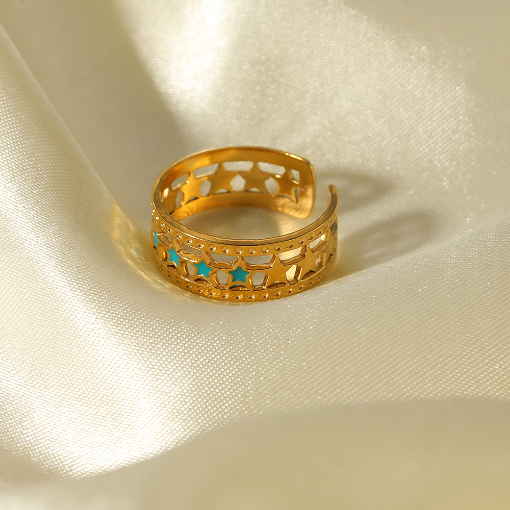 INS Style Geometric Star-Shaped Enamel and 18K Gold-Plated Stainless Steel Women's Adjustable Ring