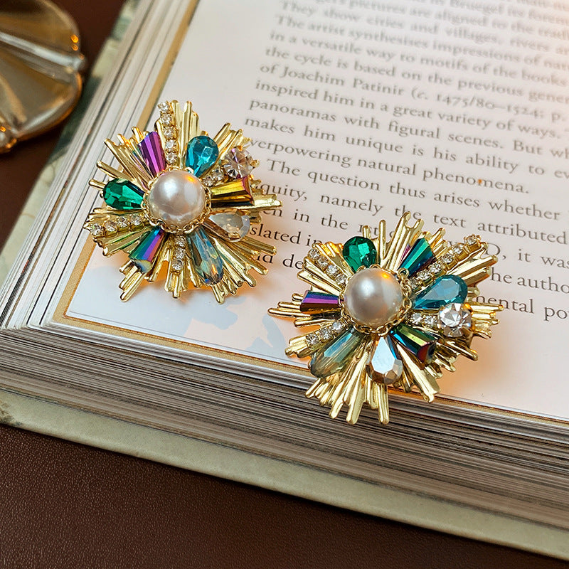 Vintage Floral Crystal Stud Earrings with Silver-Plated Steel Posts for Women