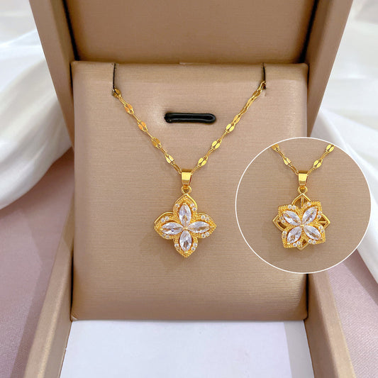 Rotating Floral Rhinestone Pendant Necklace Titanium Steel Geometric Luxury Sweet Necklace