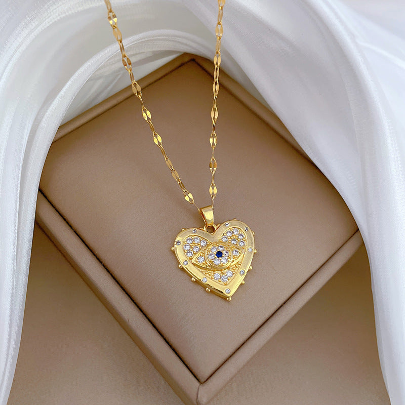 Collana girocollo a cuore minimalista in acciaio al titanio da donna con strass intarsiati, catena sottile per clavicola
