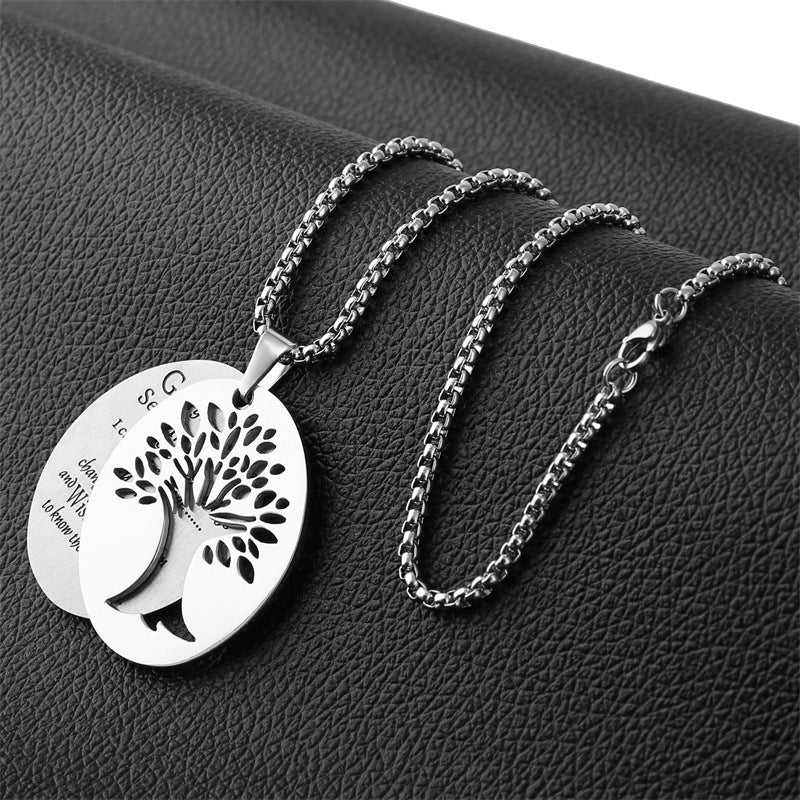 Natural Style Oval Double-Layer Stainless Steel Necklace with Polished Titanium Steel Prayer Pendant