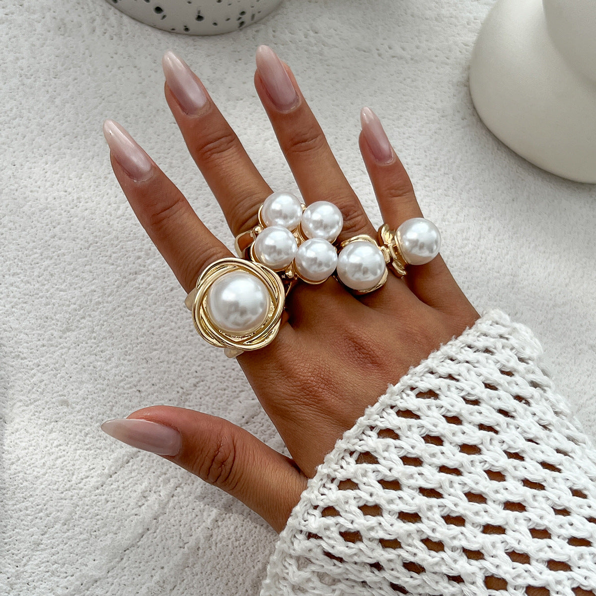 Vintage Geometric Hollow Imitation Pearl Plated Alloy Ring Set for Women