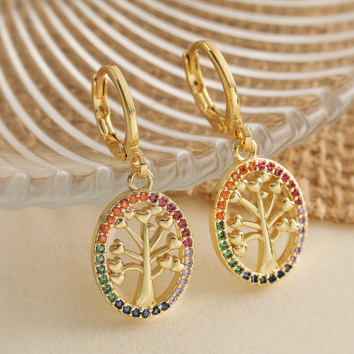 Minimalist Geometric Tree-Shaped Copper Earrings with 18K Gold Plating and Zircon Accents for Women