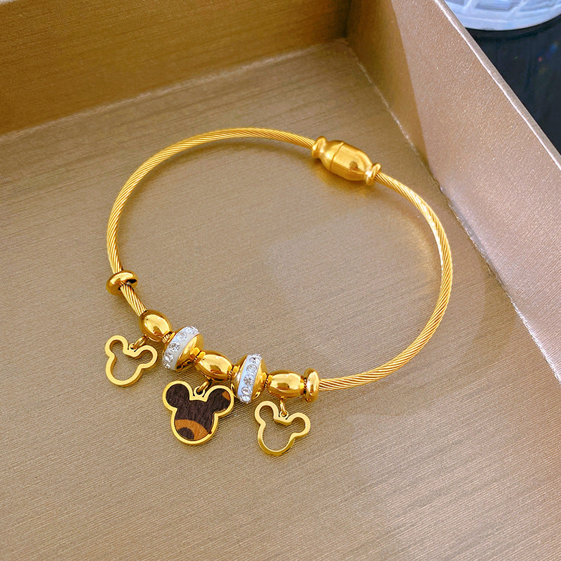 Minimalist Luxury Hollow Mickey Cartoon Leather Titanium Steel Bracelet Gold Plated