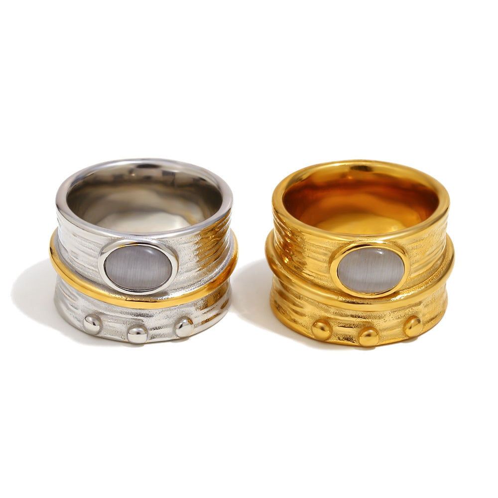 Anello Vintage Stile Old Money Geometrico in Acciaio Inossidabile Placcato Oro 18K con Accento in Pietra Occhio di Gatto da Donna