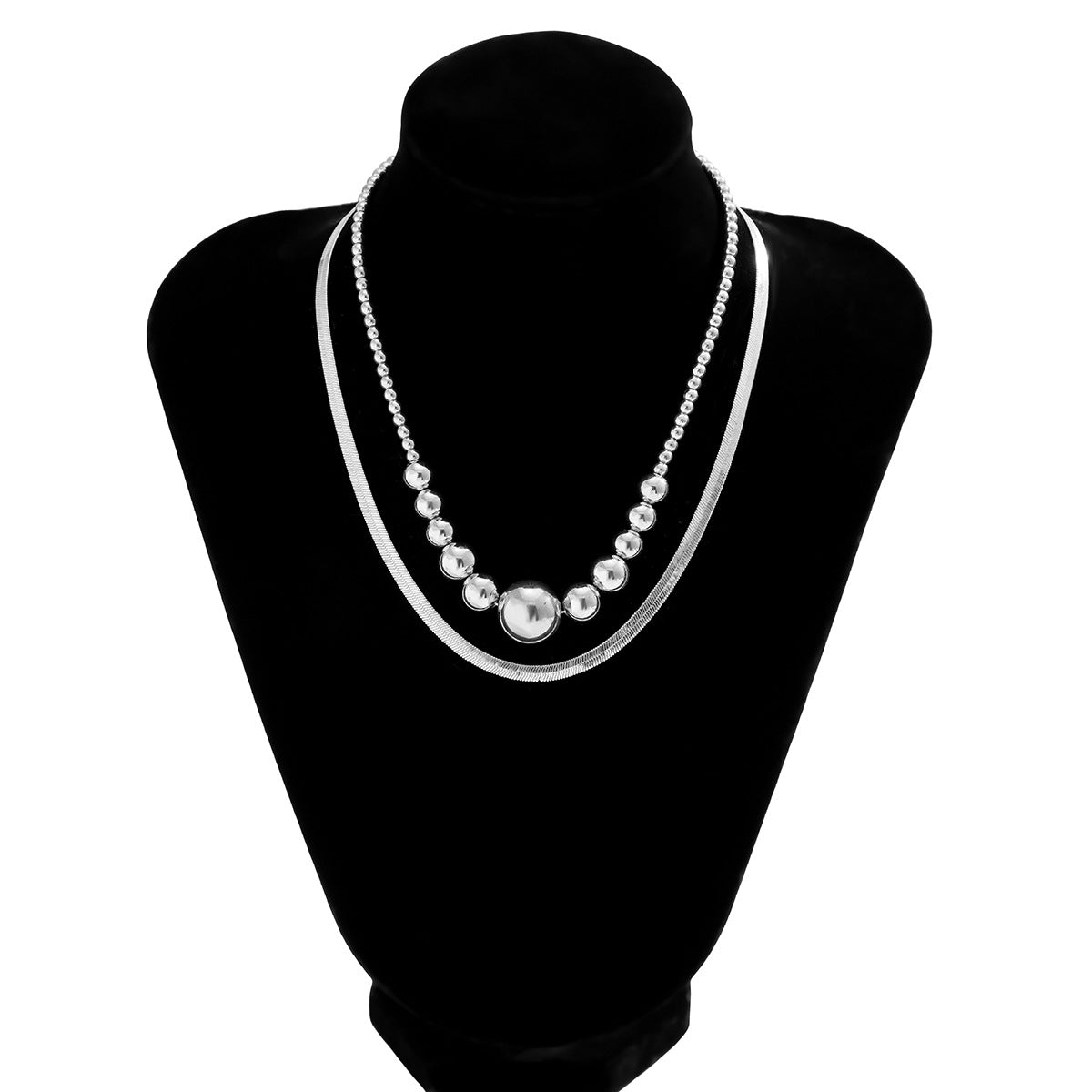 Collana Minimalista a Doppio Strato con Catenina a Serpente e Perline Rotonde Geometriche per Donna con Metallo Placcato e Ciondolo in Resina