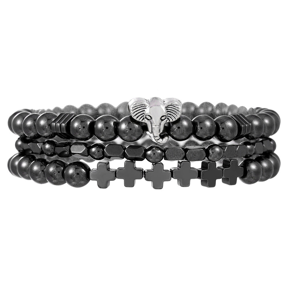 Geometric Black Hematite Beaded Bracelet Set for Couples Handmade Elastic Beach Style Hip Hop Jewelry
