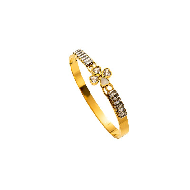Minimalist Geometric Titanium Steel Plated Bracelet with Rhinestone Inlay for Women