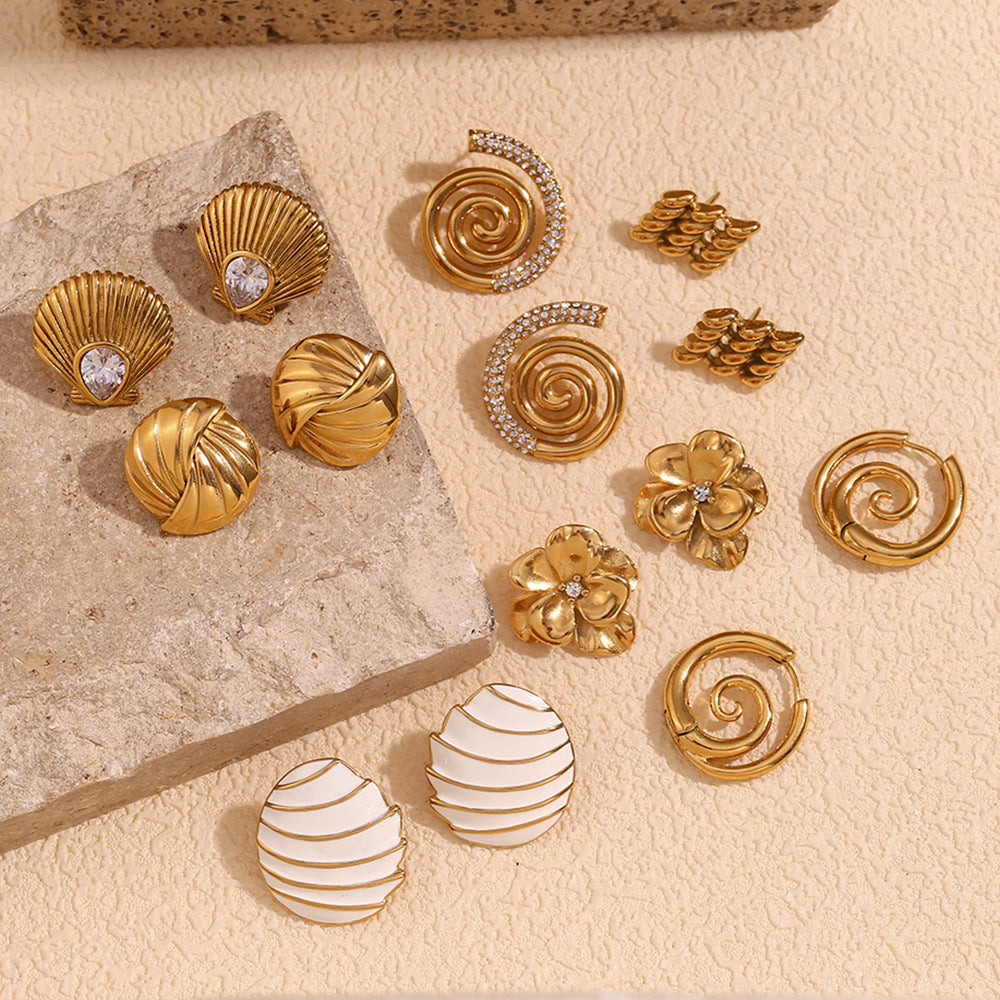 Fashionable Minimalist Geometric Stainless Steel 18K Gold Plated Abalone Shell and Sail Enamel Stud Earrings for Women