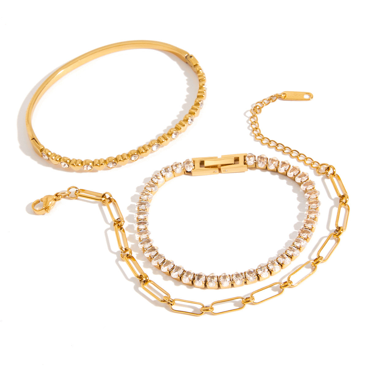 Elegante bracciale da donna in acciaio inossidabile a forma di cuore con intarsio di zirconi, finitura placcata, design geometrico minimalista