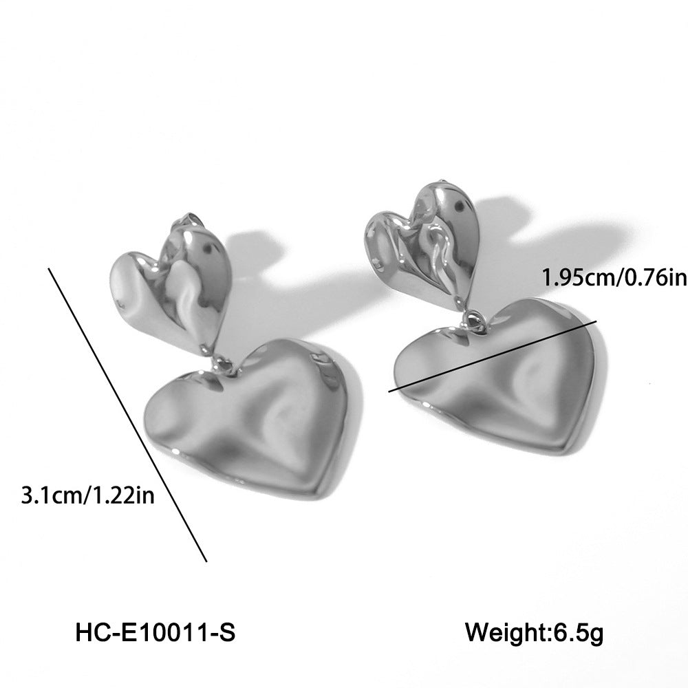 INS Style Heart-Shaped Stainless Steel Earrings with Hammered Texture and 18K Gold Plating for Women