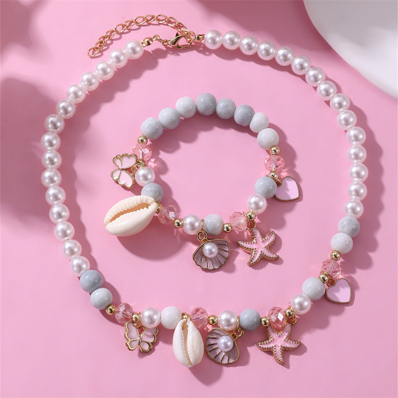 Collana a fiocco minimalista in resina per ragazze con perle e stelle marine, gioielli per bambini in stile vacanza al mare