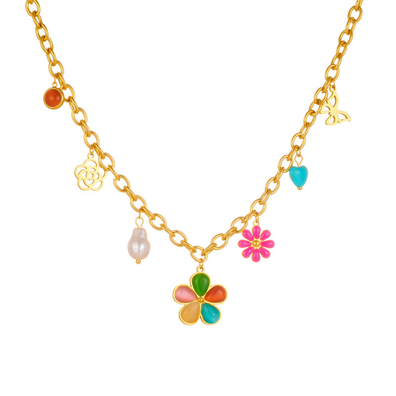 Fashion Colorful Resin Floral Butterfly Heart Hollow Pearl Stainless Steel Necklace Cable Chain