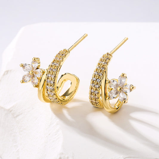 Pendientes de botón geométricos minimalistas de flor para mujer de cobre con baño de oro de 18 quilates e incrustaciones de circonita