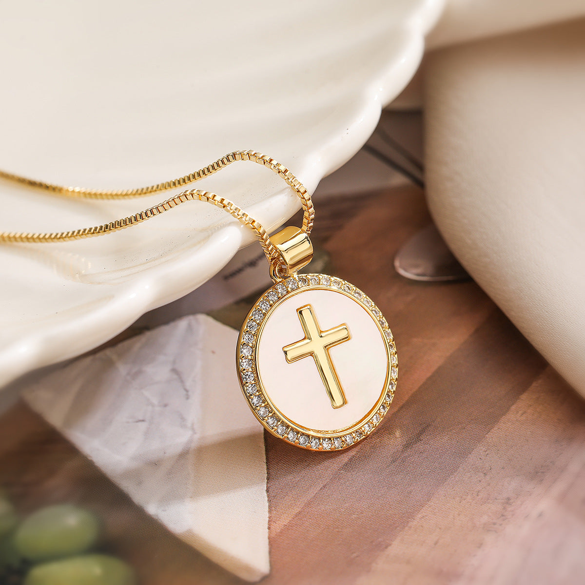 Minimalist Cross-Shaped Pendant Necklace for Women with Copper Base Plated in 18K Gold Featuring White Abalone and Cubic Zirconia on a Delicate Clavicle Chain