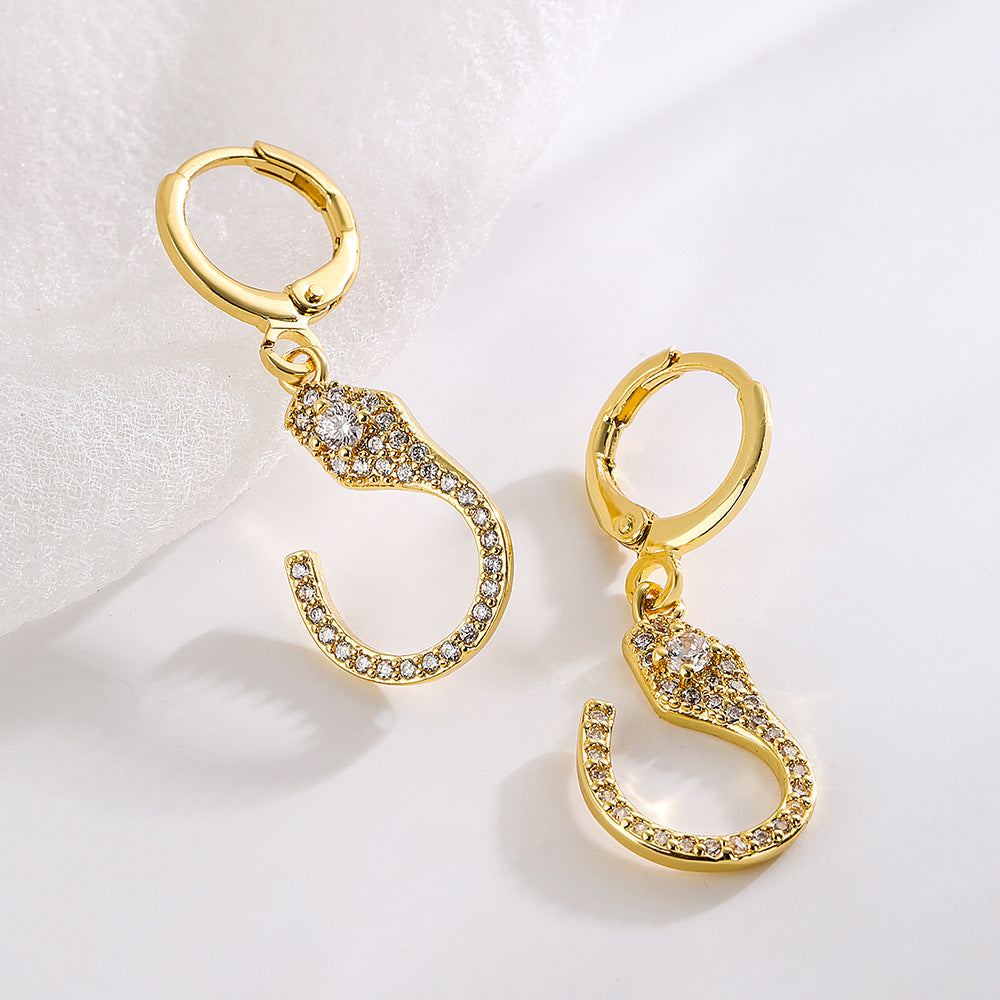 Geometric Snake Pendant Earrings for Women in Copper with 18K Gold Plating and Zircon