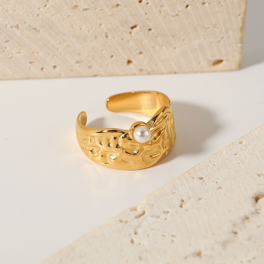 Minimalist Geometric Lava Pearl Ring in Stainless Steel with 18K Vacuum Plating, Adjustable Open Band