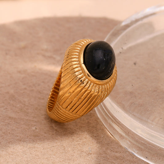 Vintage Style Geometric Stainless Steel Plated 18K Gold Black Agate Ring for Women
