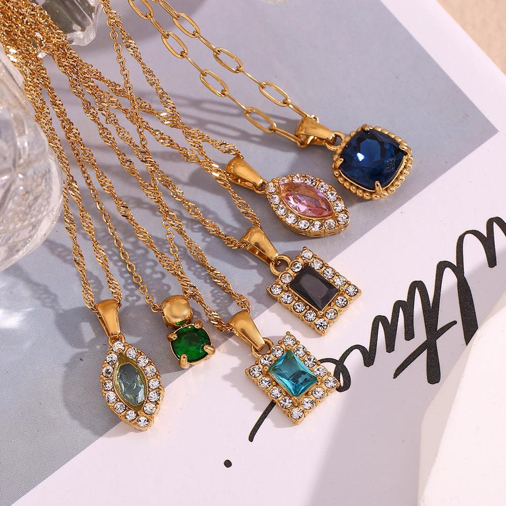 Collar Minimalista Retro Geométrico para Mujer de Acero Inoxidable con Baño de Oro de 18K y Circonitas de Colores Microincrustadas