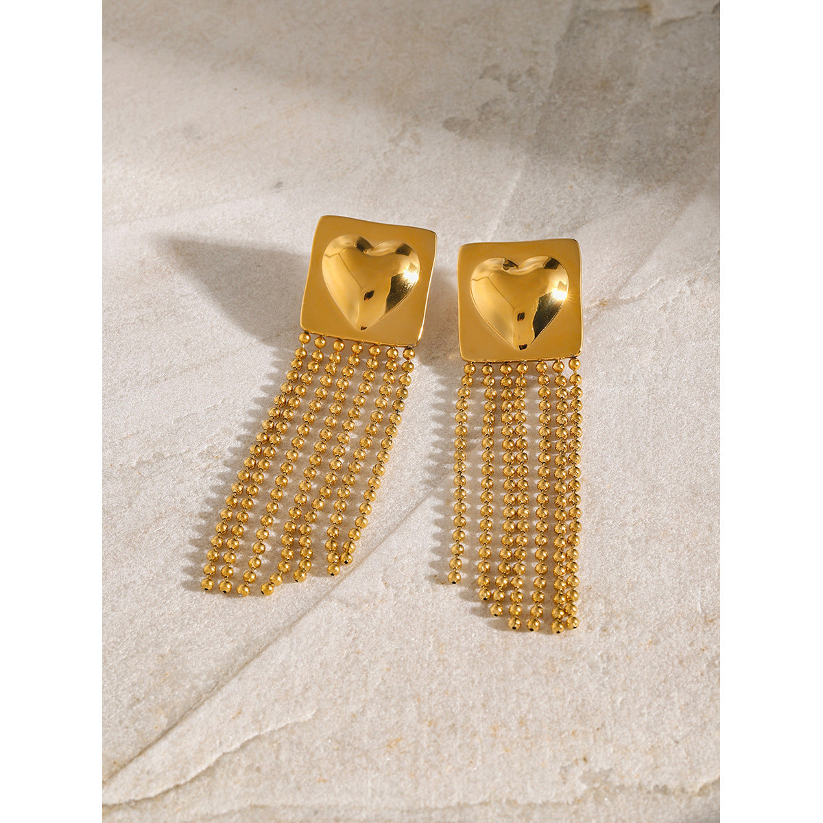 18K Gold Plated Stainless Steel Square Heart Tassel Earrings