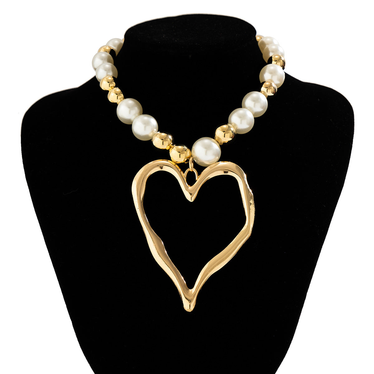 Collar Minimalista con Colgante de Corazón Irregular de Lava en Aleación con Acabado Galvanizado y Cuentas de Perlas de Imitación de Colores Mezclados