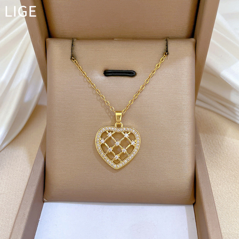 Minimalist Hollow Heart Shaped Zirconia Encrusted Necklace for Women Stainless Steel Delicate Clavicle Chain