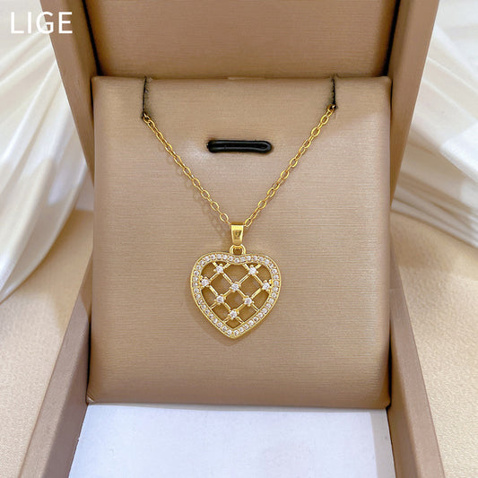 Collar minimalista con circonitas en forma de corazón hueco para mujer, de acero inoxidable, delicada cadena para la clavícula