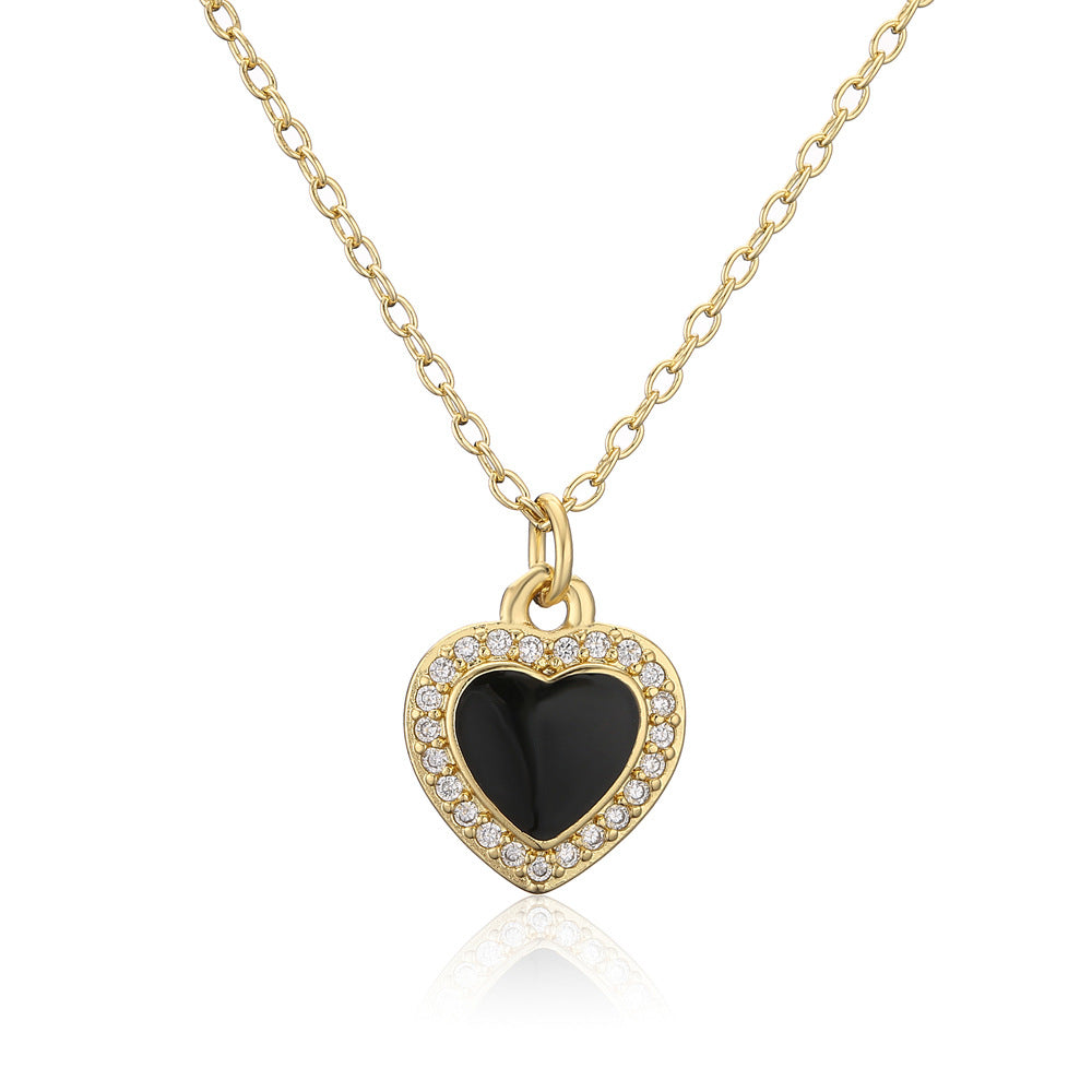 Elegant Heart Micro-Inlaid Cubic Zirconia Drip Oil Brass Pendant Necklace with Cable Chain
