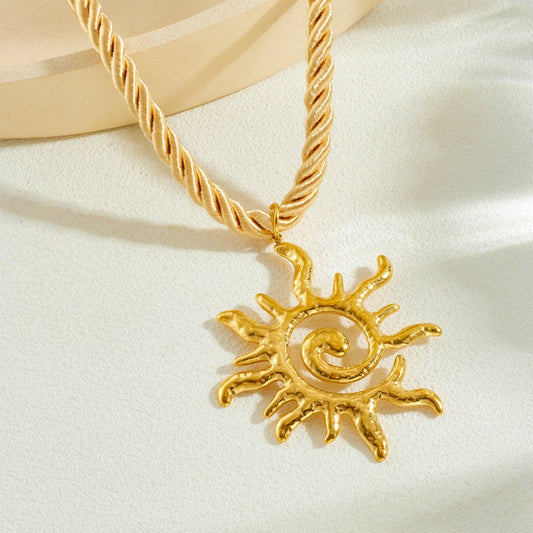 Vintage Gold Plated Sun Stainless Steel Pendant Rope Chain Necklace for Women