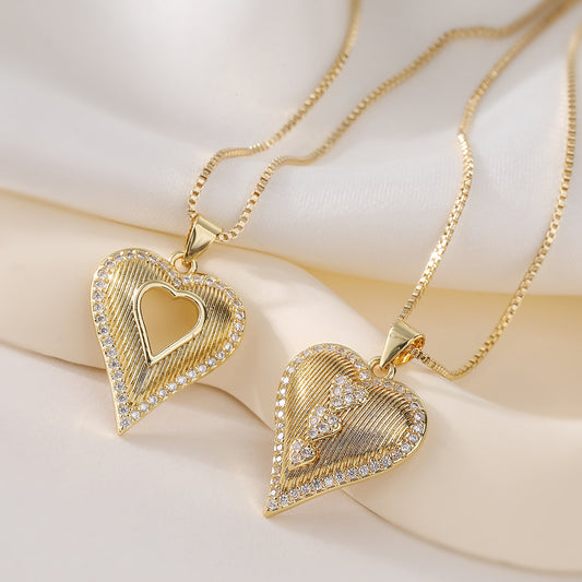 Vintage Minimalist 18K Gold Plated Brass Heart Cubic Zirconia Pendant Necklace for Women