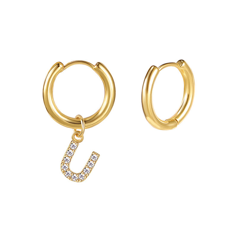 Minimalist Letter-Shaped Stainless Steel Pendant Earrings with 18K Gold Plating and Zircon Inlay