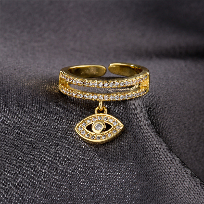 Minimalist Gold Geometric Micro-inlay Cubic Zirconia Evil Eye Ring Adjustable Open Ring for Women