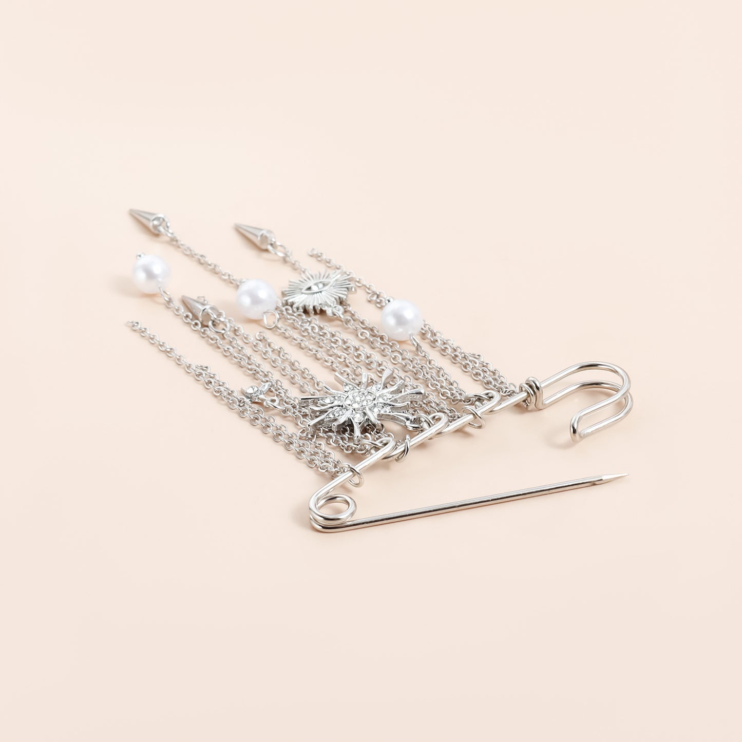 Elegant Geometric Alloy Plated Brooch with Tassel, Pearl and Rhestone Sun Eye Design
