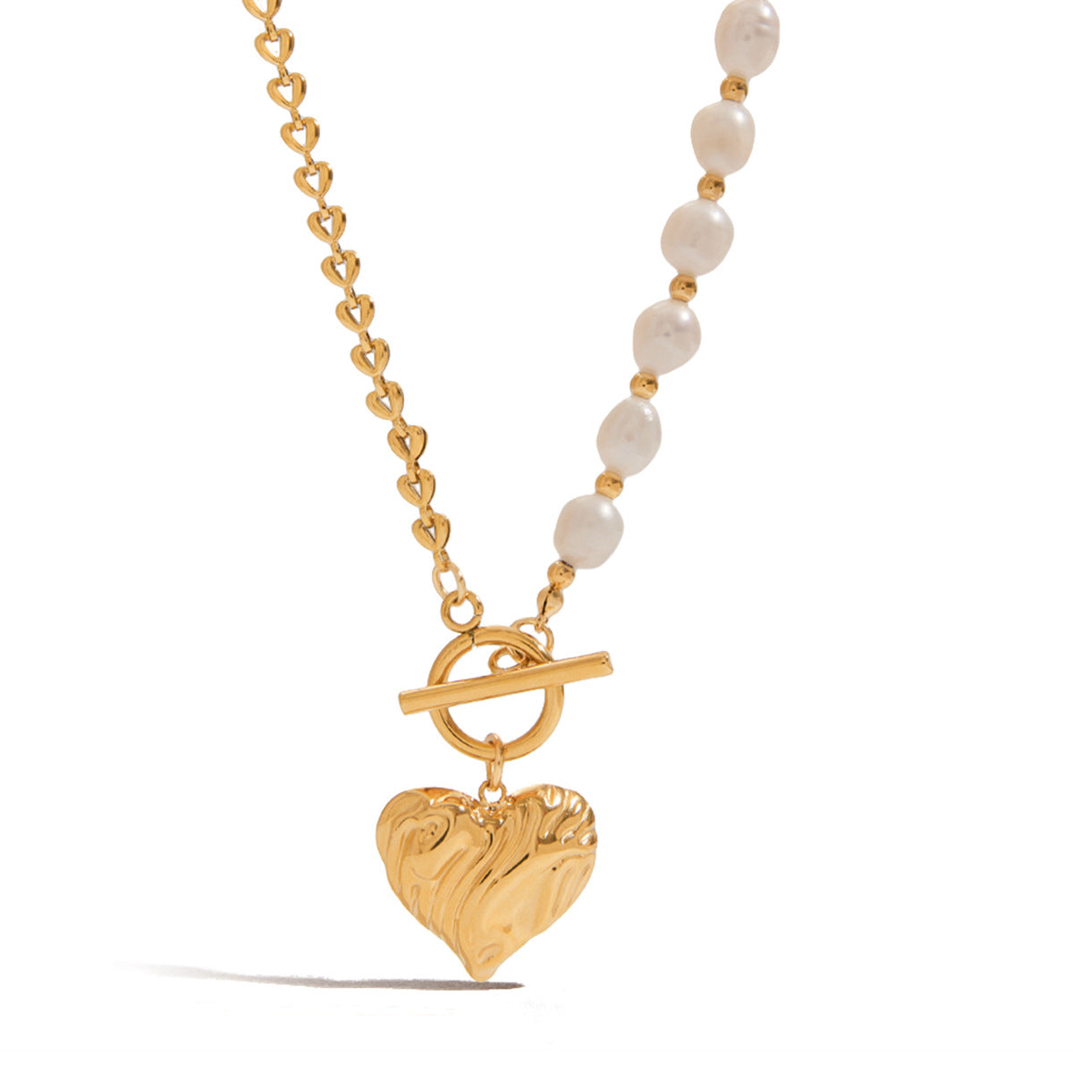 Elegant Heart Stainless Steel Necklace with Pearl Pendant Plated Finish for Women