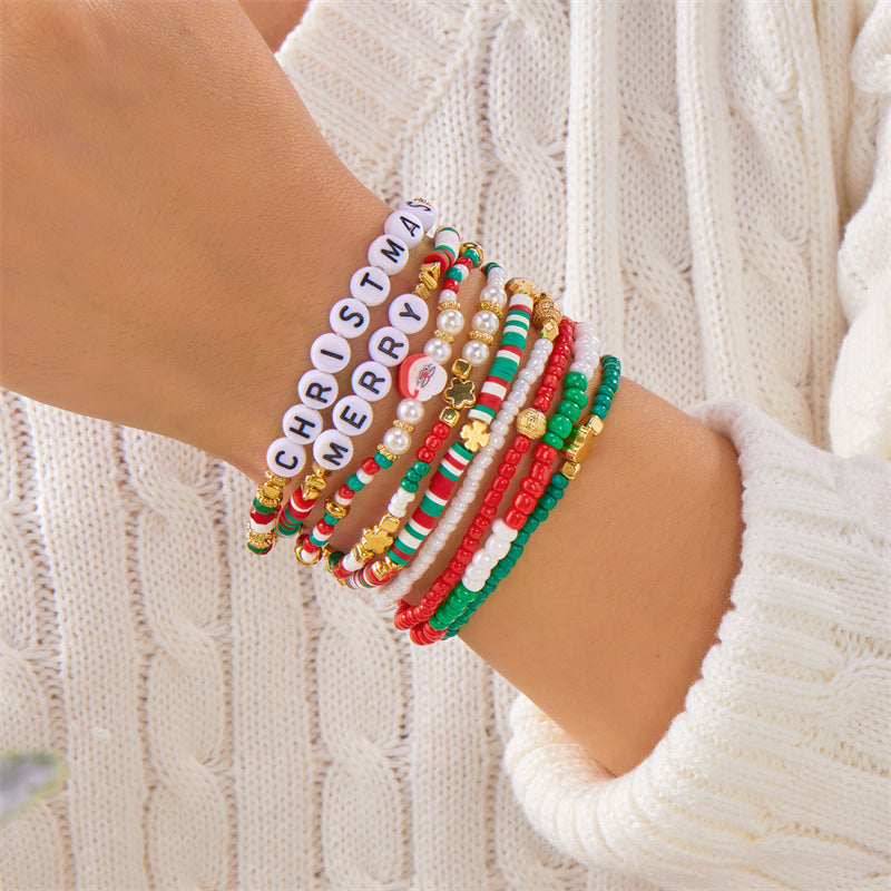 Handmade Polymer Clay Christmas Bracelet Set with Alphabet and Tree Beads Alloy Chain for Women Festive Holiday Gift