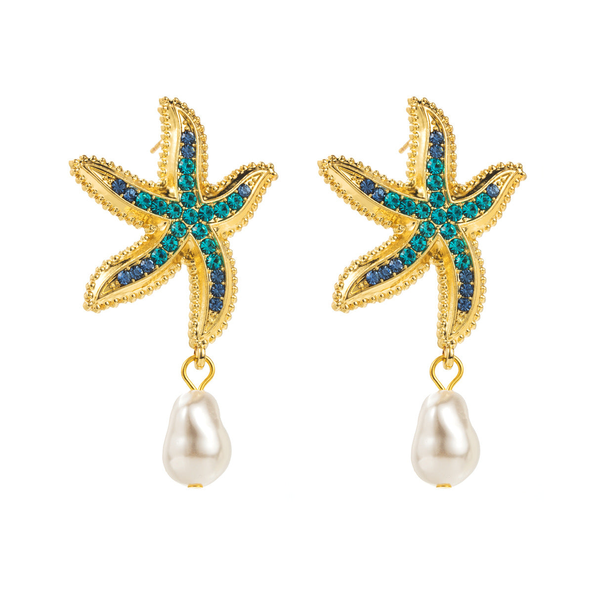 Orecchini in Lega a Forma di Stella Marina con Intarsio di Strass e Accenti di Perle, Gioielli Freschi Ispirati all'Oceano per Donne