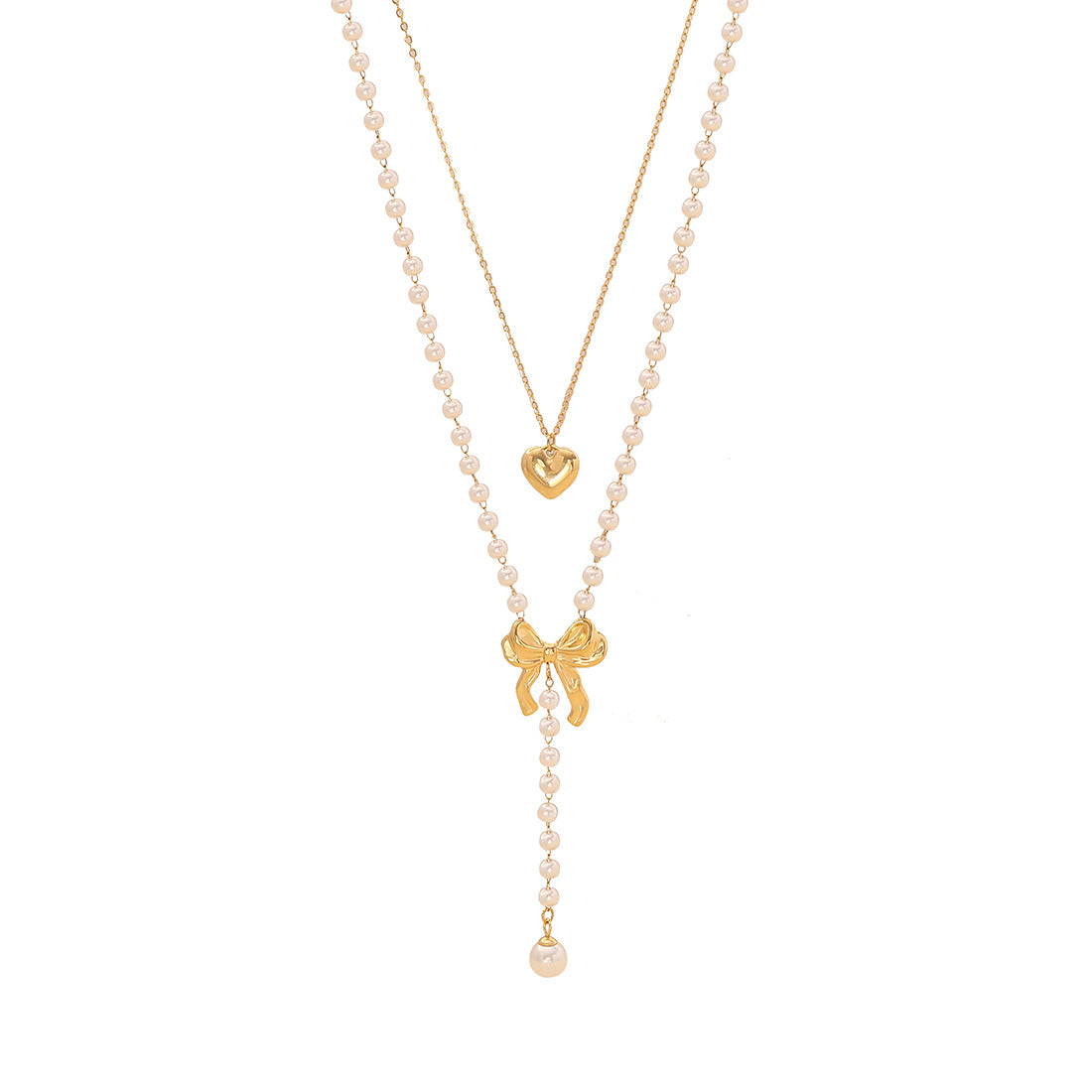 Collana con Ciondolo a Cuore alla Moda in Acciaio Inossidabile con Catena Doppia di Perle e Dettaglio Nappa da Donna