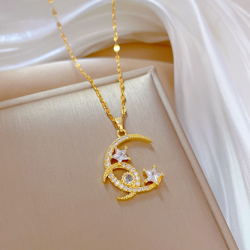 Collana con ciondolo a luna e stella geometrica in acciaio al titanio di lusso da donna