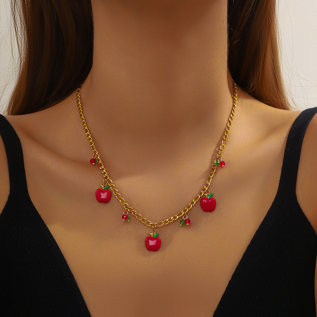 Sweet Cartoon Red Drip Oil Fruit Pendant Necklace Stainless Steel Serpentine Chain Women