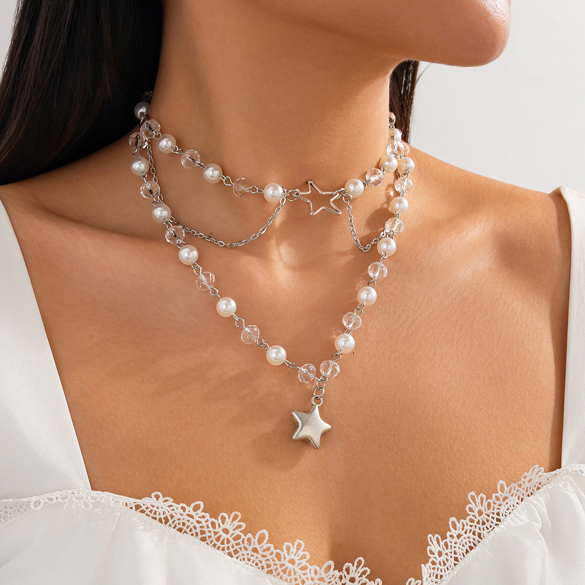 Minimalist Star Heart Alloy Pearl Beaded Necklace for Women