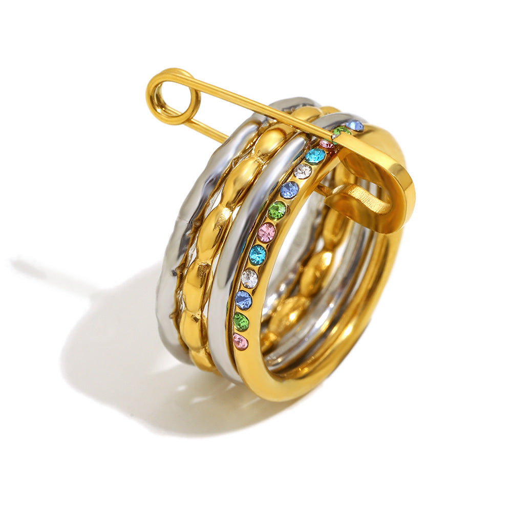 Minimalist Geometric Stainless Steel Ring with 18K Gold Plating for Women, Stackable Four-Layer Pin-Style CZ Ring