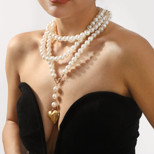 Elegant Heart-Shaped Pearl-Style Long Sweater Necklace for Women with Handcrafted Detail